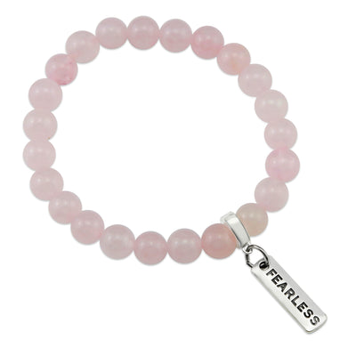 Rose Quartz 8mm stone bracelet with silver fearless word charm and clip.