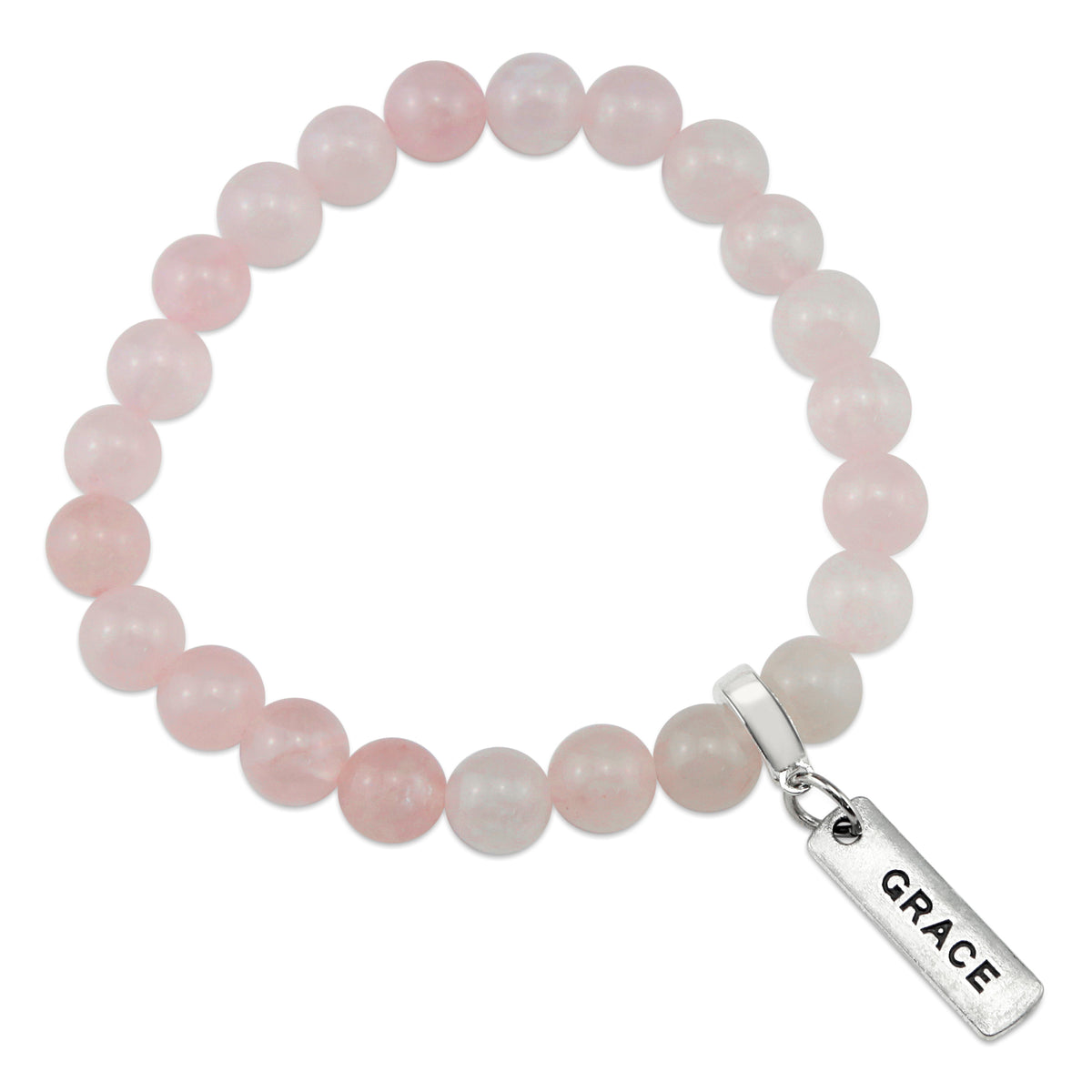 Rose Quartz 8mm stone bracelet with silver grace word charm and clip. 