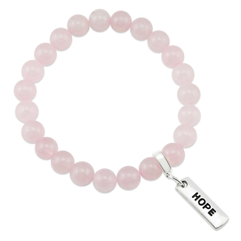 Rose Quartz 8mm stone bracelet with silver blessed word charm and clip. 
