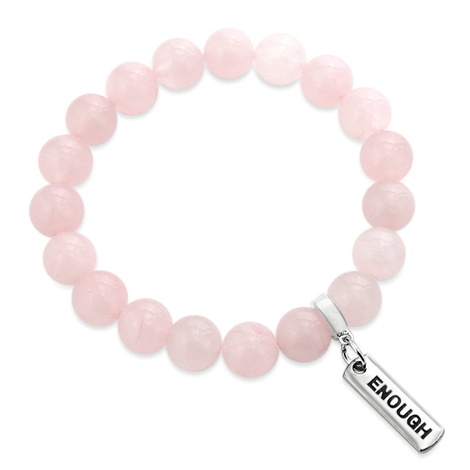 Rose quartz stone bead bracelet with silver clip and inspiring word charm. 