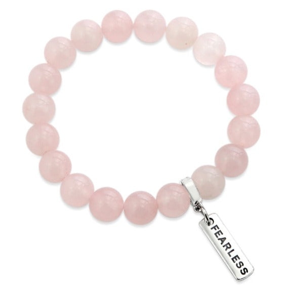 Rose quartz stone bead bracelet with silver clip and inspiring word charm. 