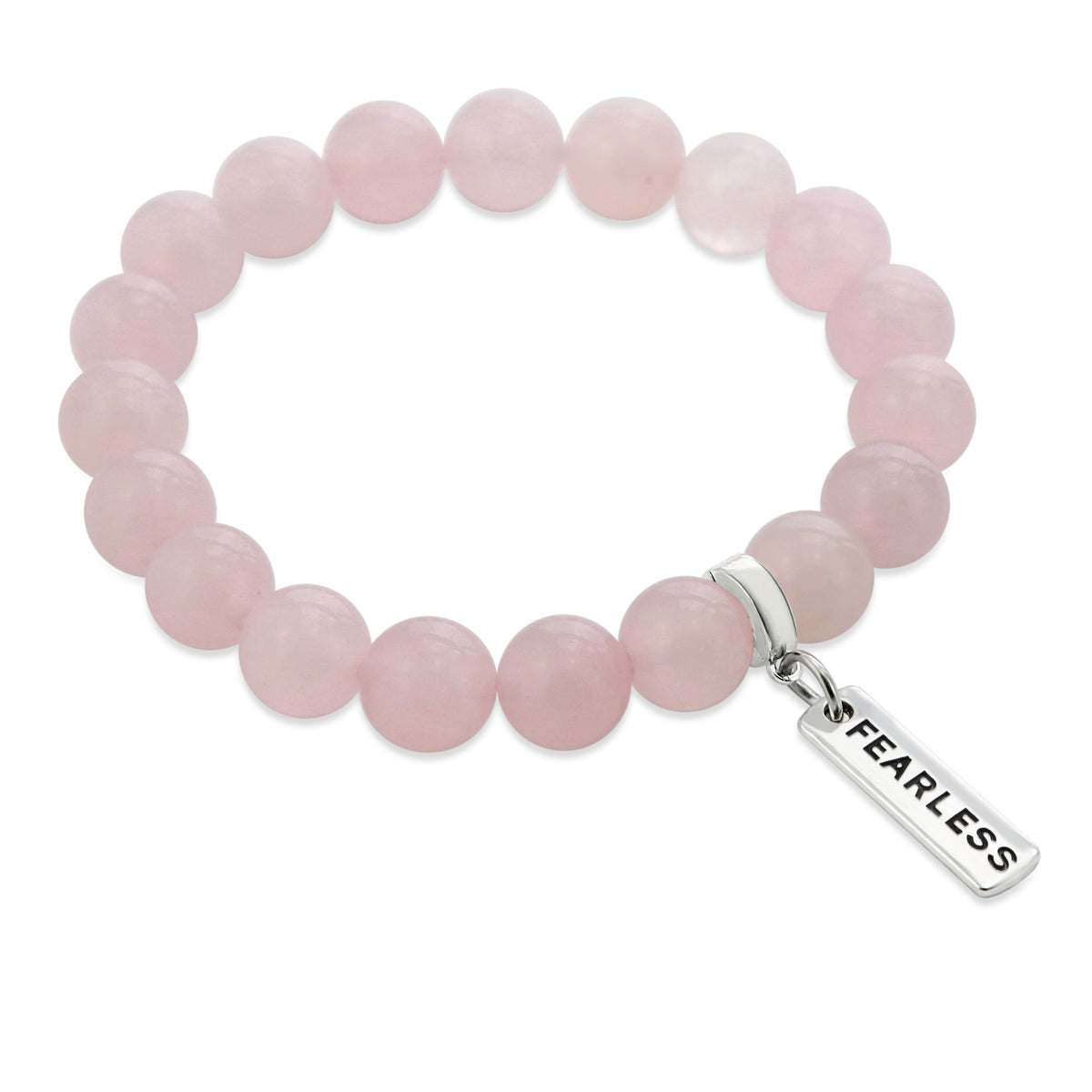Rose quartz stone bead bracelet with silver clip and inspiring word charm. 