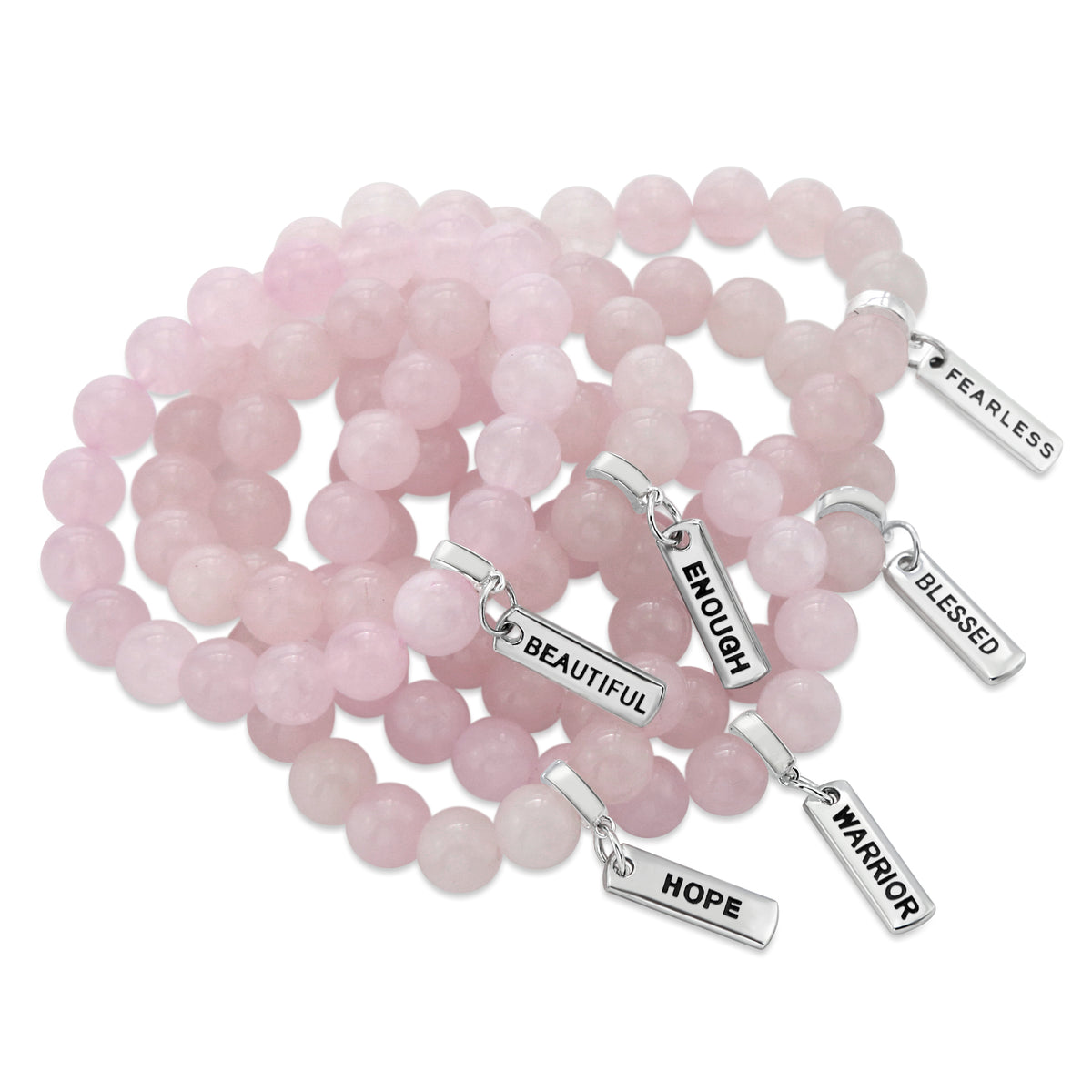Rose quartz stone bead bracelet with silver clip and inspiring word charm. 