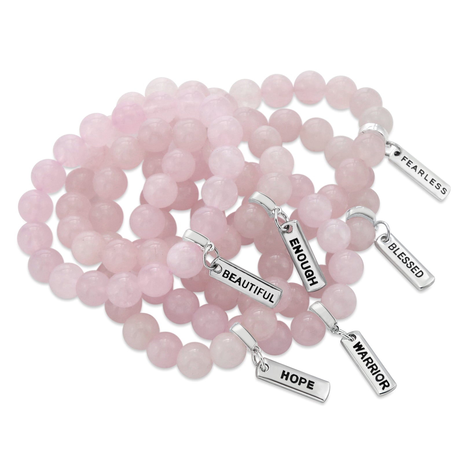 Rose quartz stone bead bracelet with silver clip and inspiring word charm. 