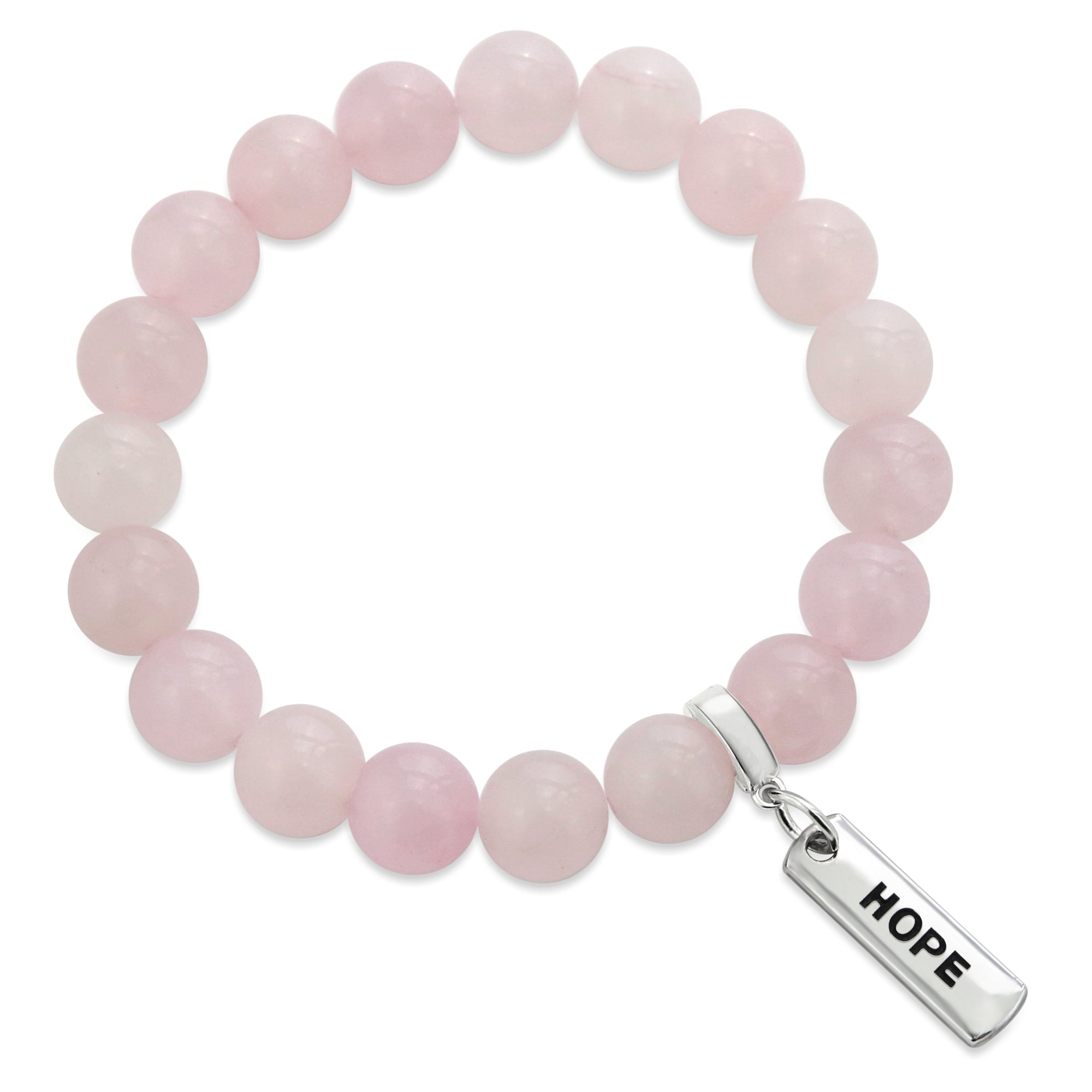 Rose quartz stone bead bracelet with silver clip and inspiring word charm. 