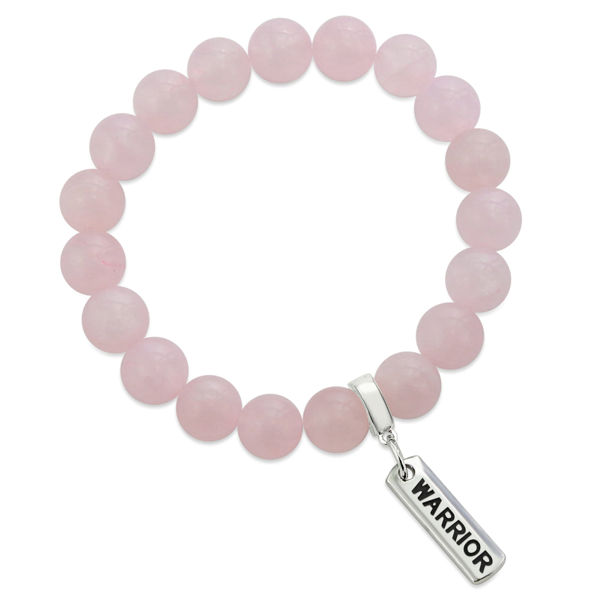 Rose quartz stone bead bracelet with silver clip and inspiring word charm. 