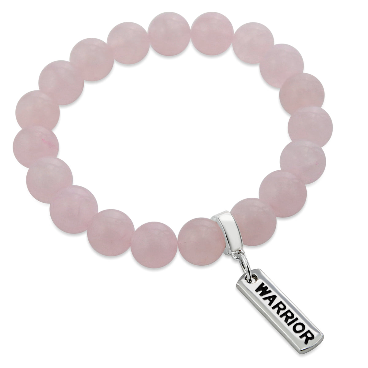 Rose quartz stone bead bracelet with silver clip and inspiring word charm. 