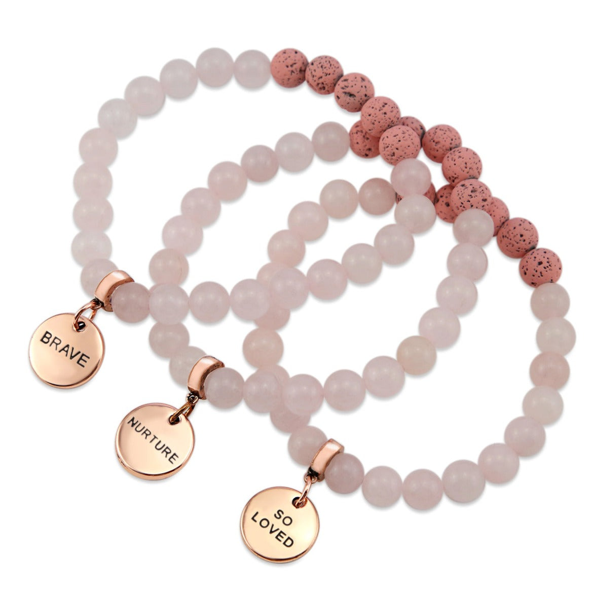 Lava Stone Bracelet -  8mm Rose Quartz Pink Lava Stone beads - with Rose Gold Word Charm