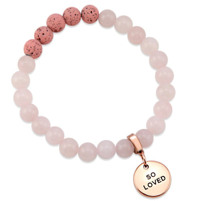 Lava Stone Bracelet -  8mm Rose Quartz Pink Lava Stone beads - with Rose Gold Word Charm