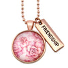 Rose Gold Pendant ball chain necklace with rose gold Friendship charm and pink floral print.