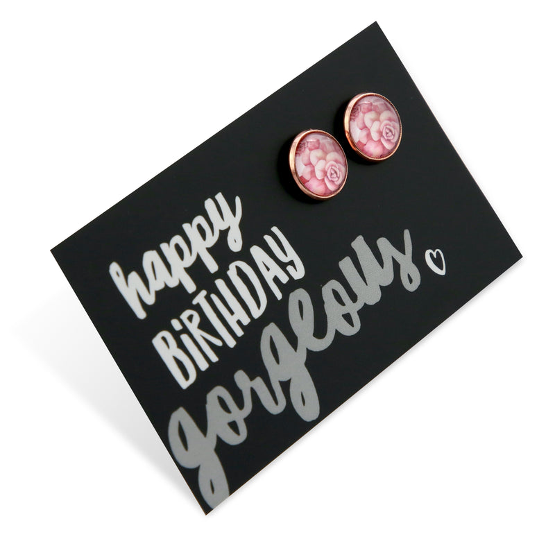 rose gold deluxe stud earrings with pink rosette design on a Happy Birthday Gorgeous card