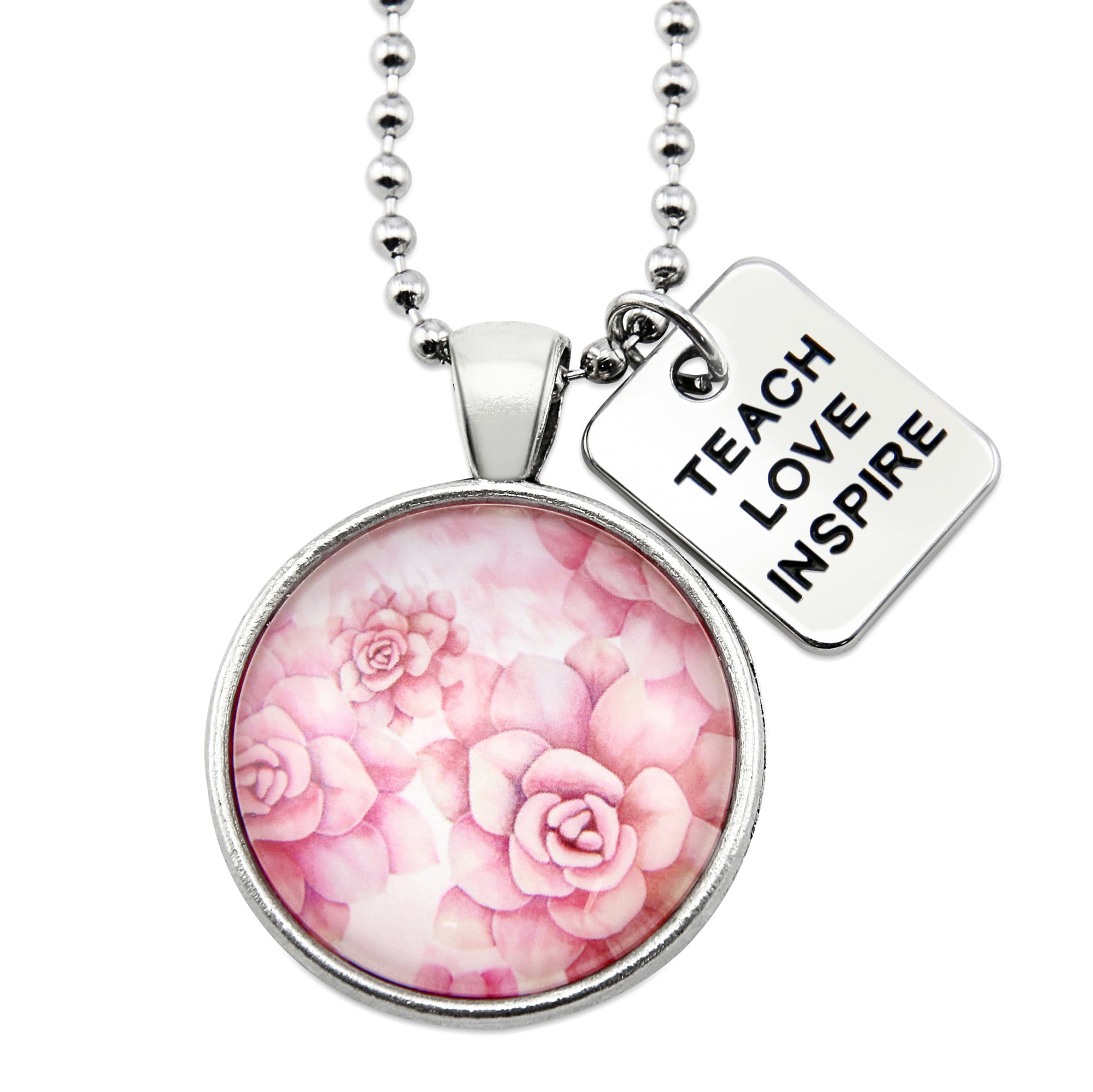 Vintage Silver Pendant ball chain necklace with silver teach love inspire charm and pink floral print.