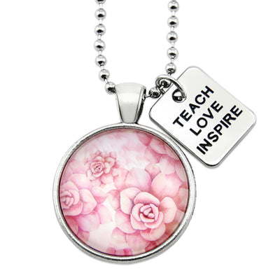 Vintage Silver Pendant ball chain necklace with silver teach love inspire charm and pink floral print.