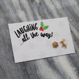 Laughing All The Way - Reindeer & Snowflake Earring Studs - Gold (9816)