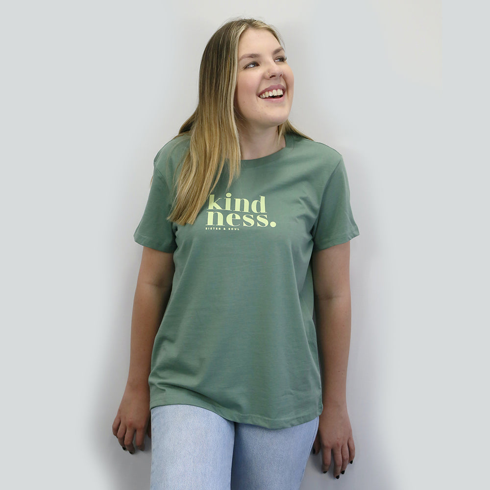 Kindness - Boxy Tee - Sage with Soft Lime Print