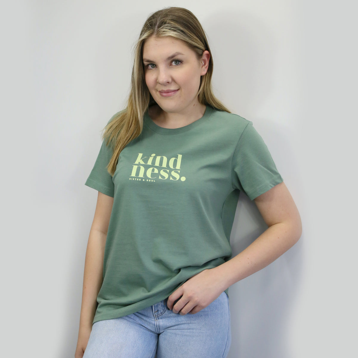 Kindness - Boxy Tee - Sage with Soft Lime Print