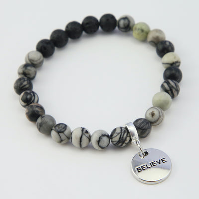 Lava Stone Bracelet -  8mm Scribble Stone + Lava Stone beads - with Silver Word Charm