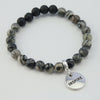 Lava Stone Bracelet -  8mm Scribble Stone + Lava Stone beads - with Silver Word Charm
