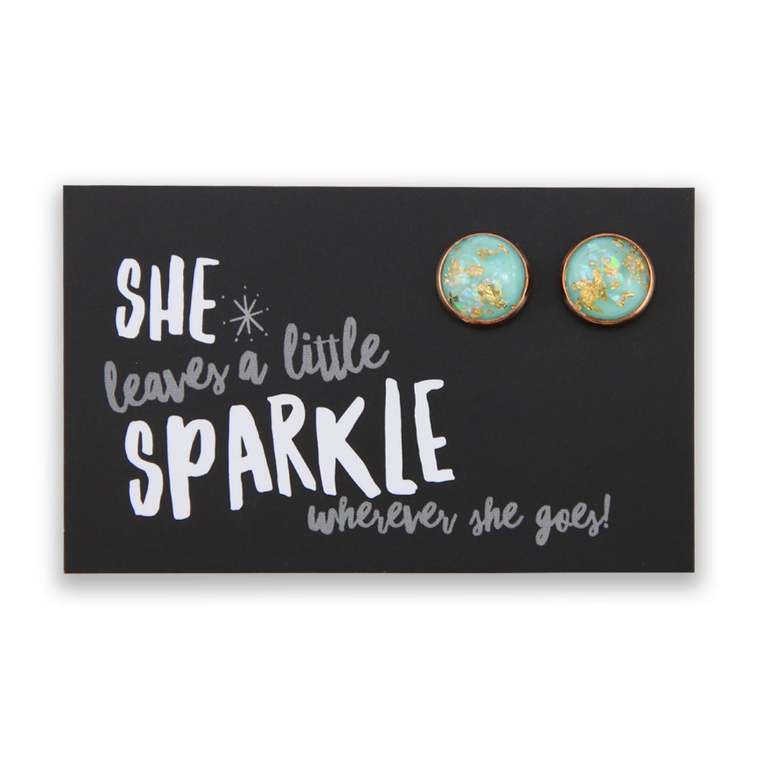 SPARKLEFEST - She Leaves A Little Sparkle - Rose Gold Dangle Earrings - Aqua Gold Leaf (9503)