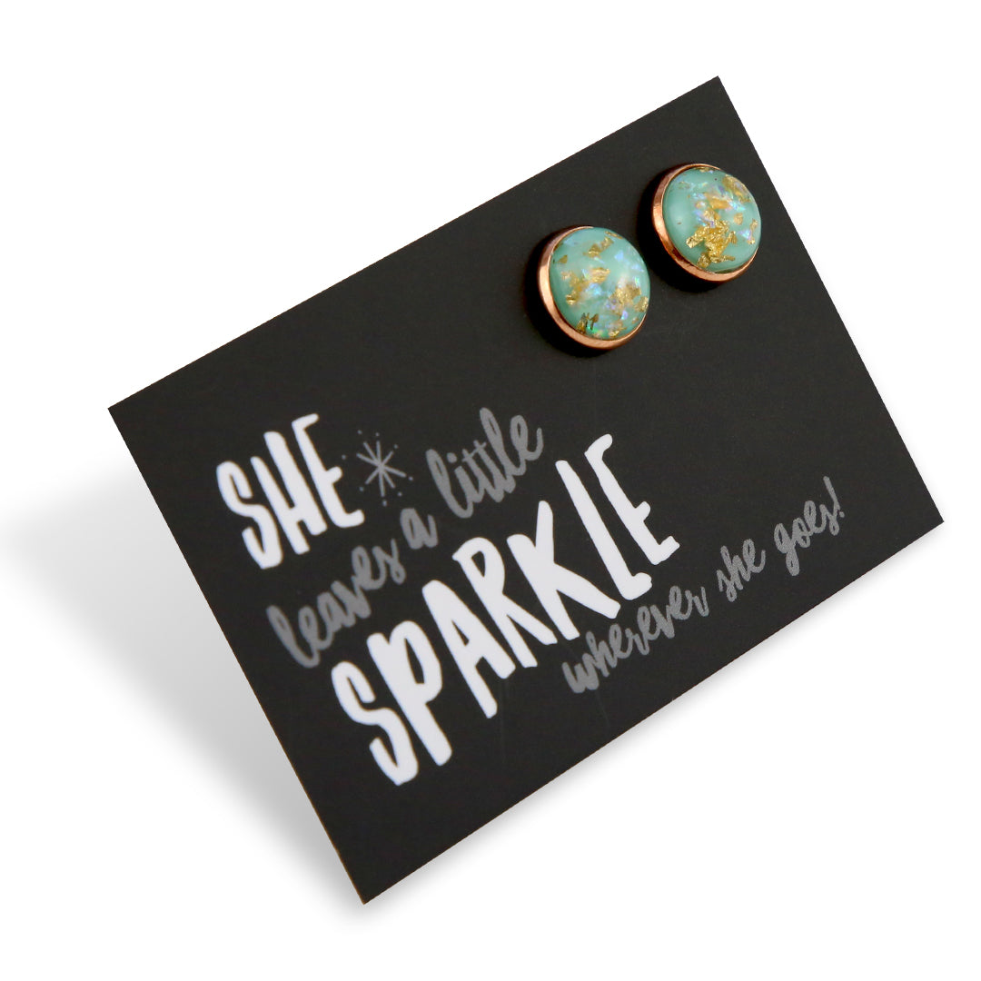 SPARKLEFEST - She Leaves A Little Sparkle - Rose Gold Dangle Earrings - Aqua Gold Leaf (9503)