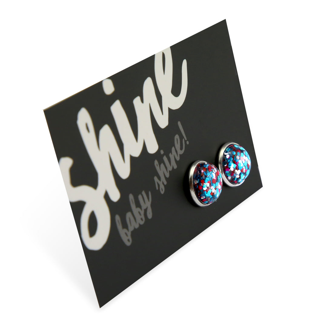 SPARKLEFEST - Shine Baby Shine - Bright Silver 12mm Circle Studs - Pink, Aqua Blue & Silver (8508)