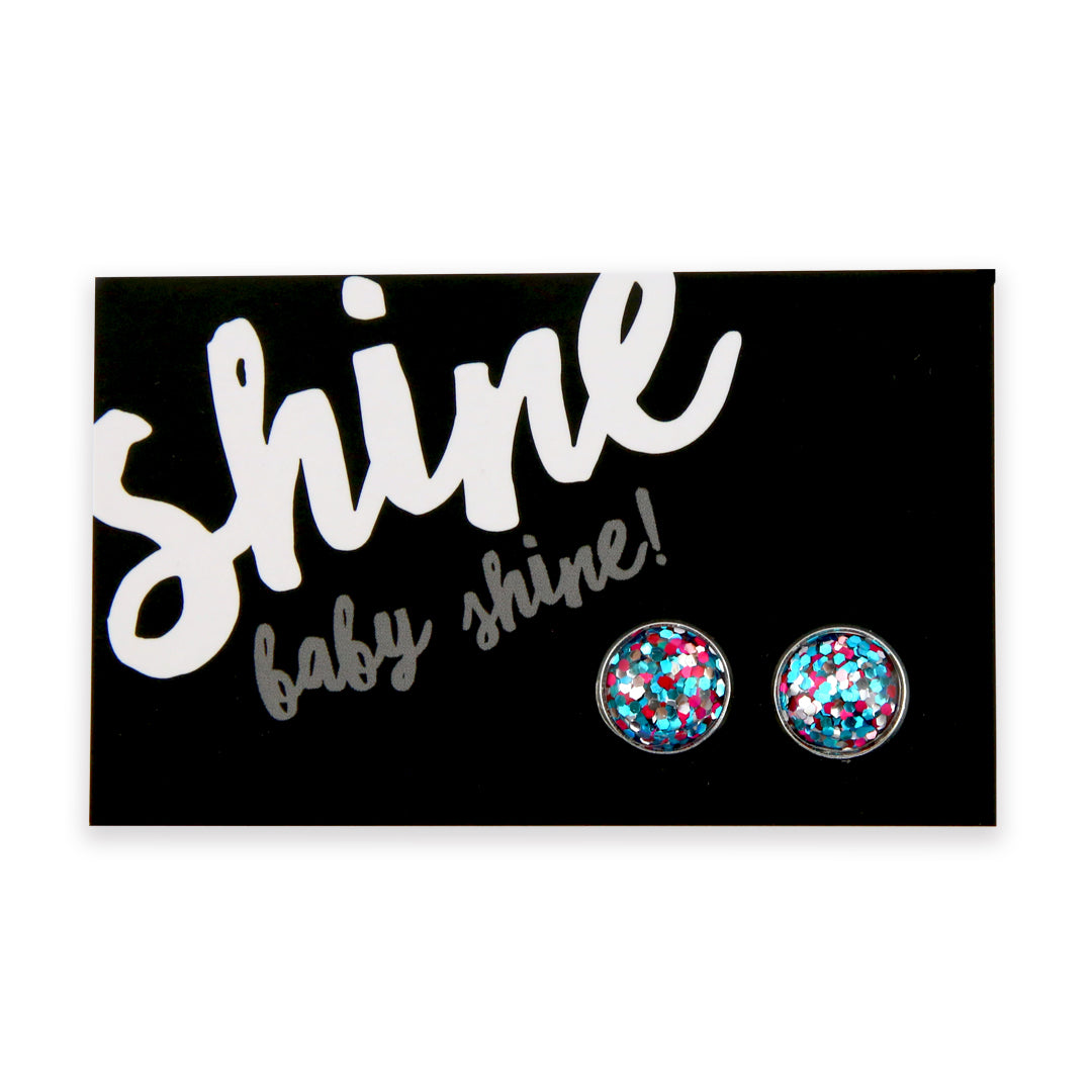 SPARKLEFEST - Shine Baby Shine! - Glitter Resin Earrings set in Bright Silver - Pink, Aqua Blue & Silver (8508)