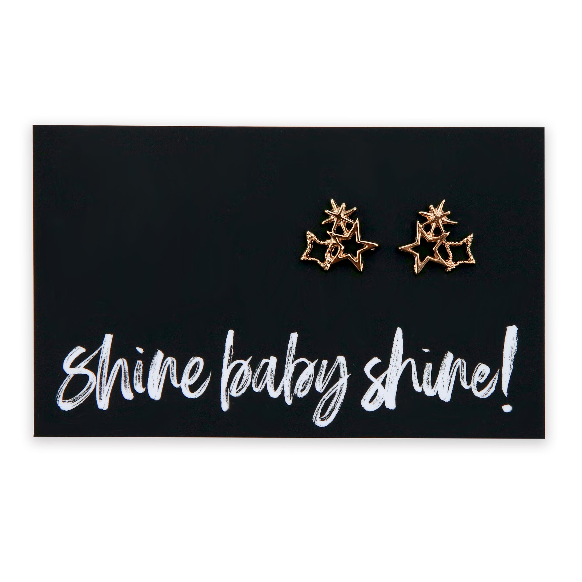 Star cluster rose gold earring studs on shine baby shine card.