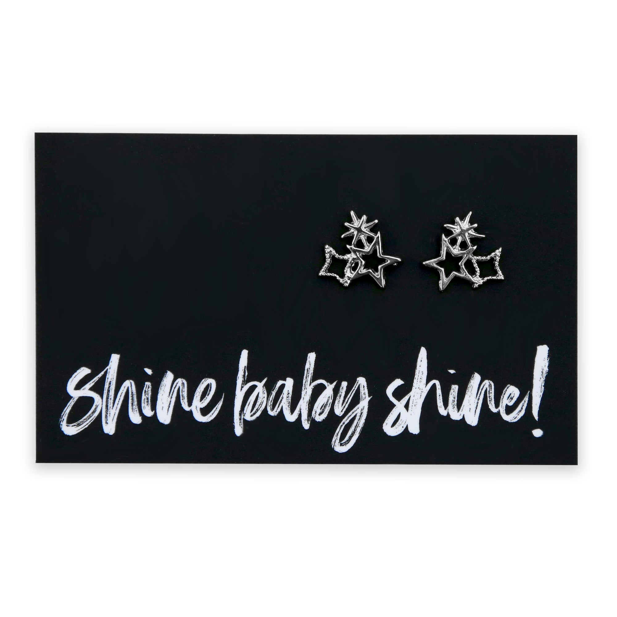 Star cluster silver earring studs on shine baby shine card.