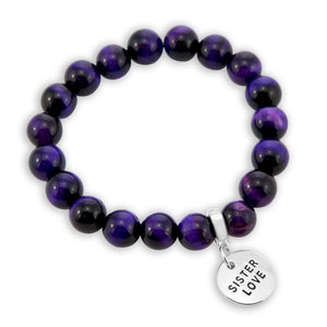 Precious Stone Bracelets - Deep Purple Tigers Eye 10mm Beads - with Silver Word Charms