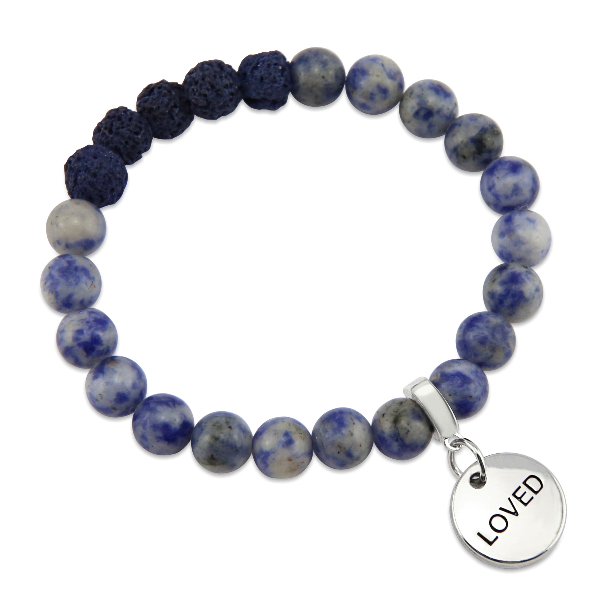 Lava Stone Bracelet -  8mm Sodalite + Midnight Lava Stone beads - with Silver Word Charm