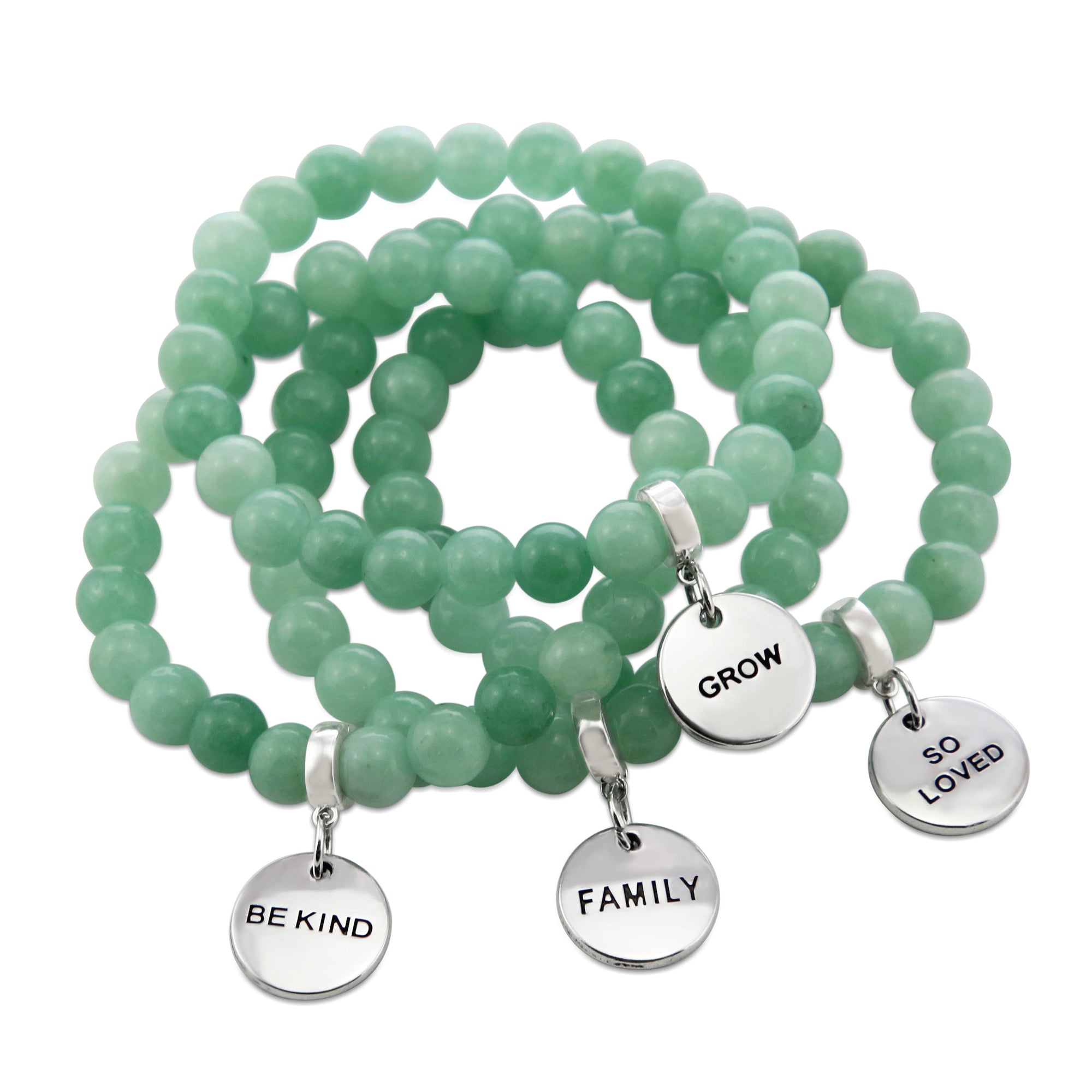 Stone Bracelet 8mm Soft Leafy Green Agate - With Silver Word Charms