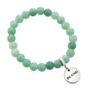 Stone Bracelet - Soft Leafy Green Agate 8mm Beads - With Silver Word Charms