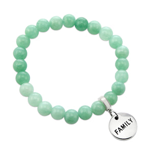 Stone Bracelet - Soft Leafy Green Agate 8mm Beads - With Silver Word Charms
