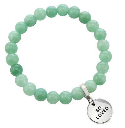 Soft mint green agate stone bracelet 8mm with silver word charm,