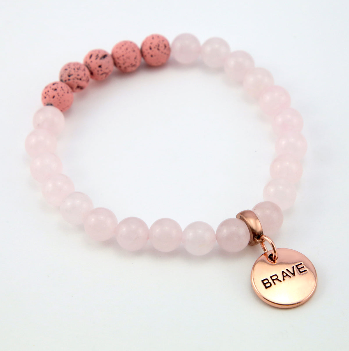 Lava Stone Bracelet -  8mm Rose Quartz Pink Lava Stone beads - with Rose Gold Word Charm