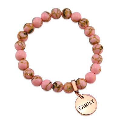 Soft Pink Synthesis Stone 8mm Bead Bracelet with Family Rose Gold Word Charm. Fundraiser for the National Breast Cancer Foundation