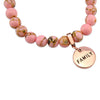 Soft Pink Synthesis Stone 8mm Bead Bracelet with Family Rose Gold Word Charm. Fundraiser for the National Breast Cancer Foundation