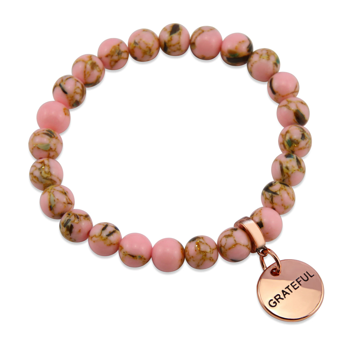 Soft Pink Synthesis Stone 8mm Bead Bracelet with Grateful Rose Gold Word Charm. Fundraiser for the National Breast Cancer Foundation