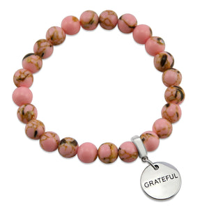 PINK COLLECTION - Soft Pink Synthesis 8mm Bead Bracelet  -  Silver Word Charms