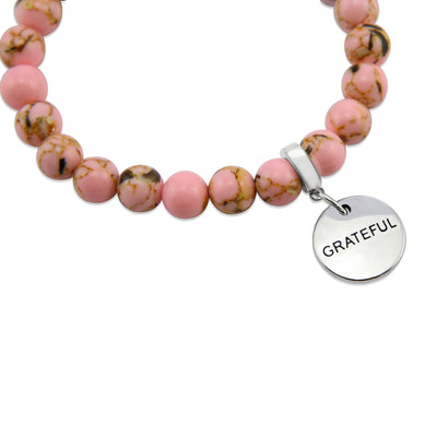 Soft Pink Synthesis Stone 8mm Bead Bracelet with Grateful Silver Word Charm. Fundraiser for the National Breast Cancer Foundation