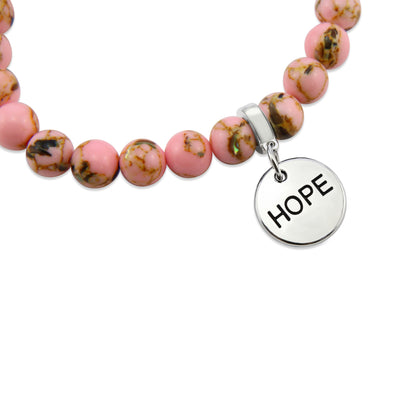 Soft Pink Synthesis Stone 8mm Bead Bracelet with Grateful Silver Word Charm. Fundraiser for the National Breast Cancer Foundation