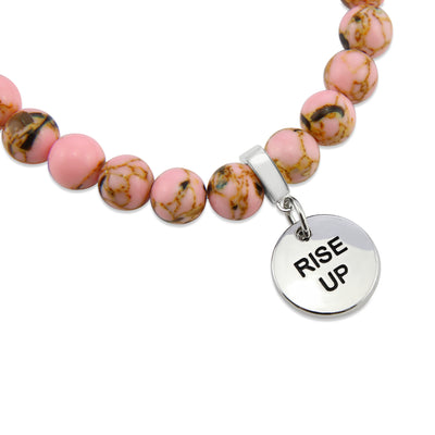 Soft Pink Synthesis Stone 8mm Bead Bracelet with Rise Up Silver Word Charm. Fundraiser for the National Breast Cancer Foundation