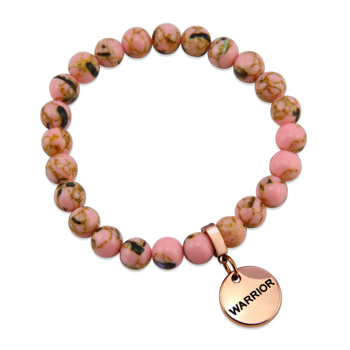 Soft Pink Synthesis Stone 8mm Bead Bracelet with Warrior Rose Gold Word Charm. Fundraiser for the National Breast Cancer Foundation