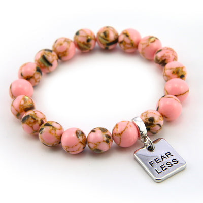 Soft Pink Synthesis Stone 10mm Bead Bracelet with Fearless Silver Word Charm. Fundraiser for the National Breast Cancer Foundation