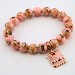 Soft Pink Synthesis Stone 10mm Bead Bracelet with Strong Rose Gold Word Charm. Fundraiser for the National Breast Cancer Foundation