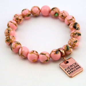 Soft Pink Synthesis Stone 10mm Bead Bracelet with Fierce Fearless Fabulous Rose Gold Word Charm. Fundraiser for the National Breast Cancer Foundation