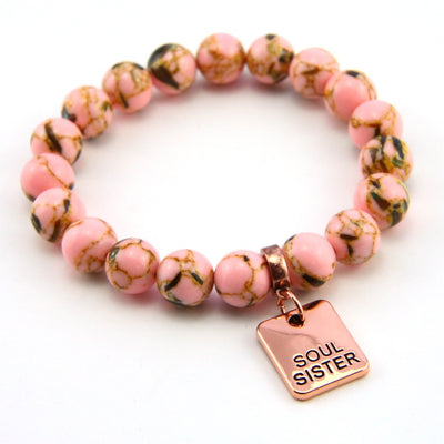 Soft Pink Synthesis Stone 10mm Bead Bracelet with Soul Sister Rose Gold Word Charm. Fundraiser for the National Breast Cancer Foundation