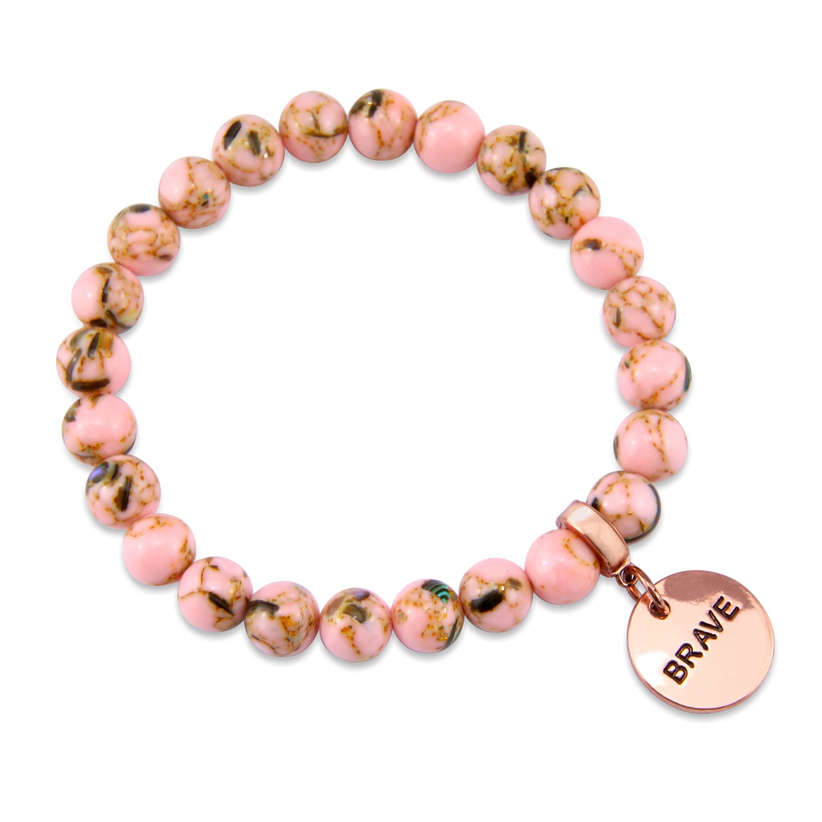 Soft Pink Synthesis Stone 8mm Bead Bracelet with Brave Rose Gold Word Charm. Fundraiser for the National Breast Cancer Foundation