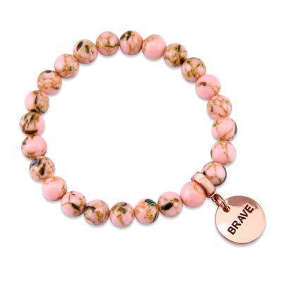 Soft Pink Synthesis Stone 8mm Bead Bracelet with Brave Rose Gold Word Charm. Fundraiser for the National Breast Cancer Foundation