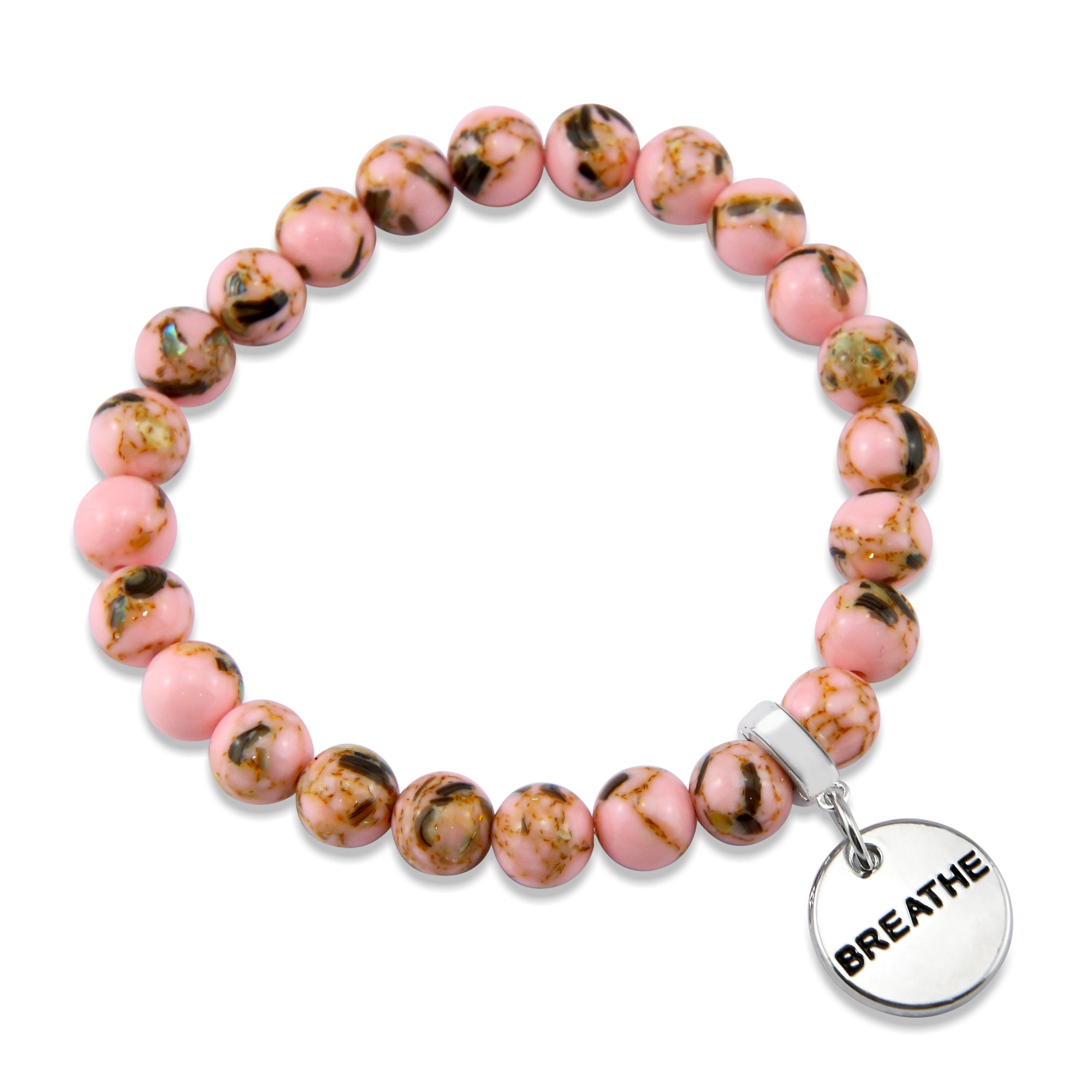 Soft Pink Synthesis Stone 8mm Bead Bracelet with Breathe Silver Word Charm. Fundraiser for the National Breast Cancer Foundation